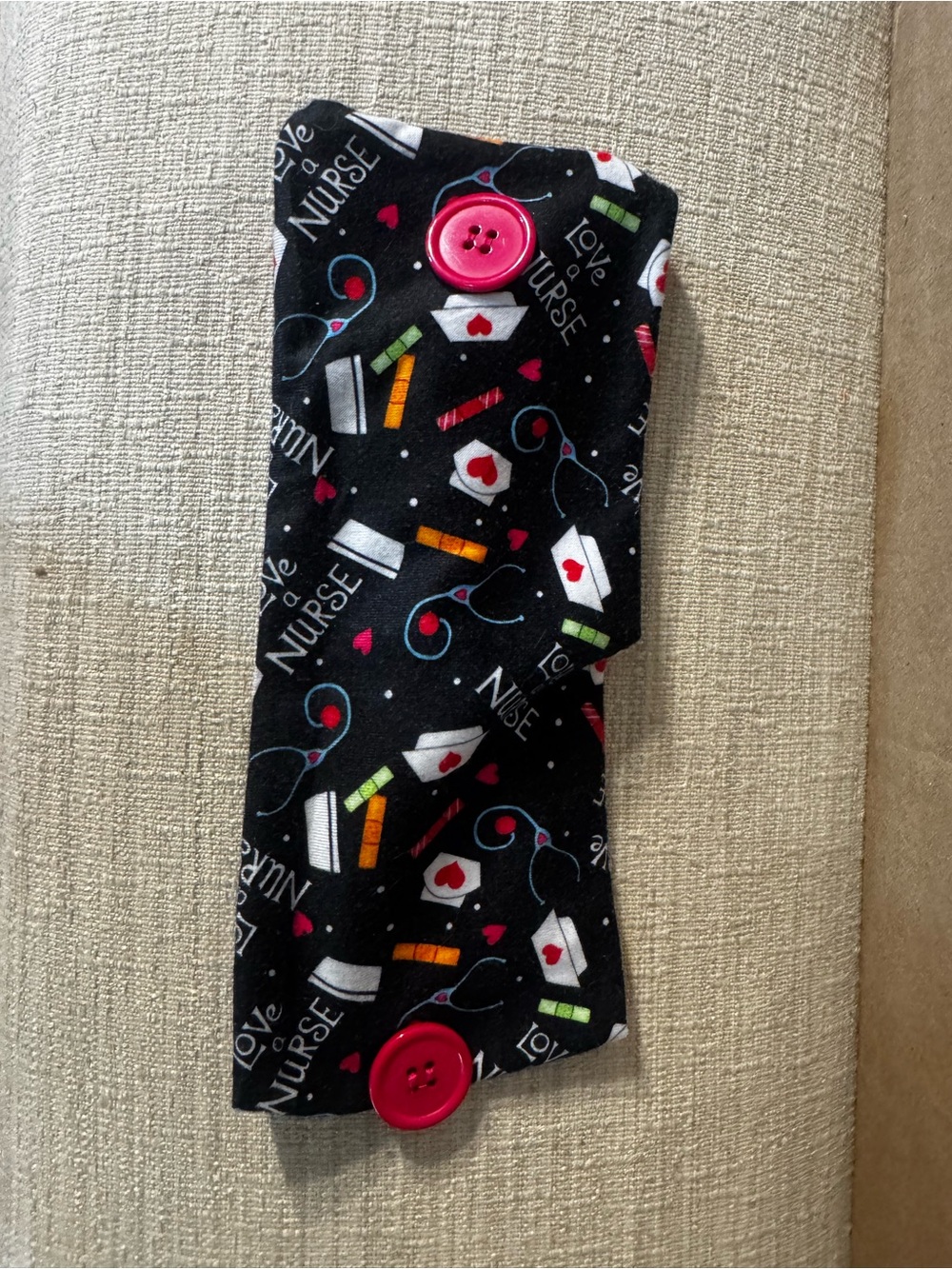 Nurse Print Button Headband in Black with Pink Buttons